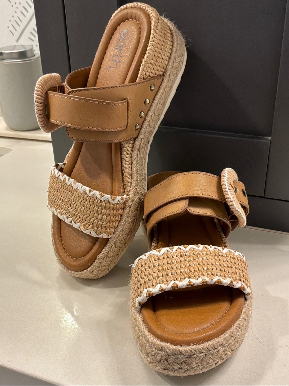 Earth Tan Woven Platform Sandals with Buckle Strap